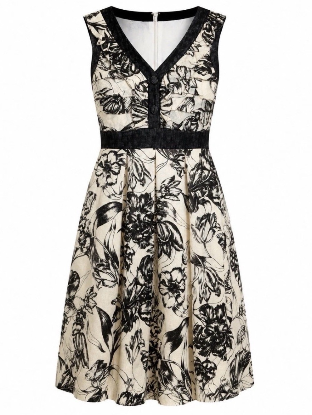 Kay Unger Black and Cream Floral V-Neck Fit-and-Flare Dress